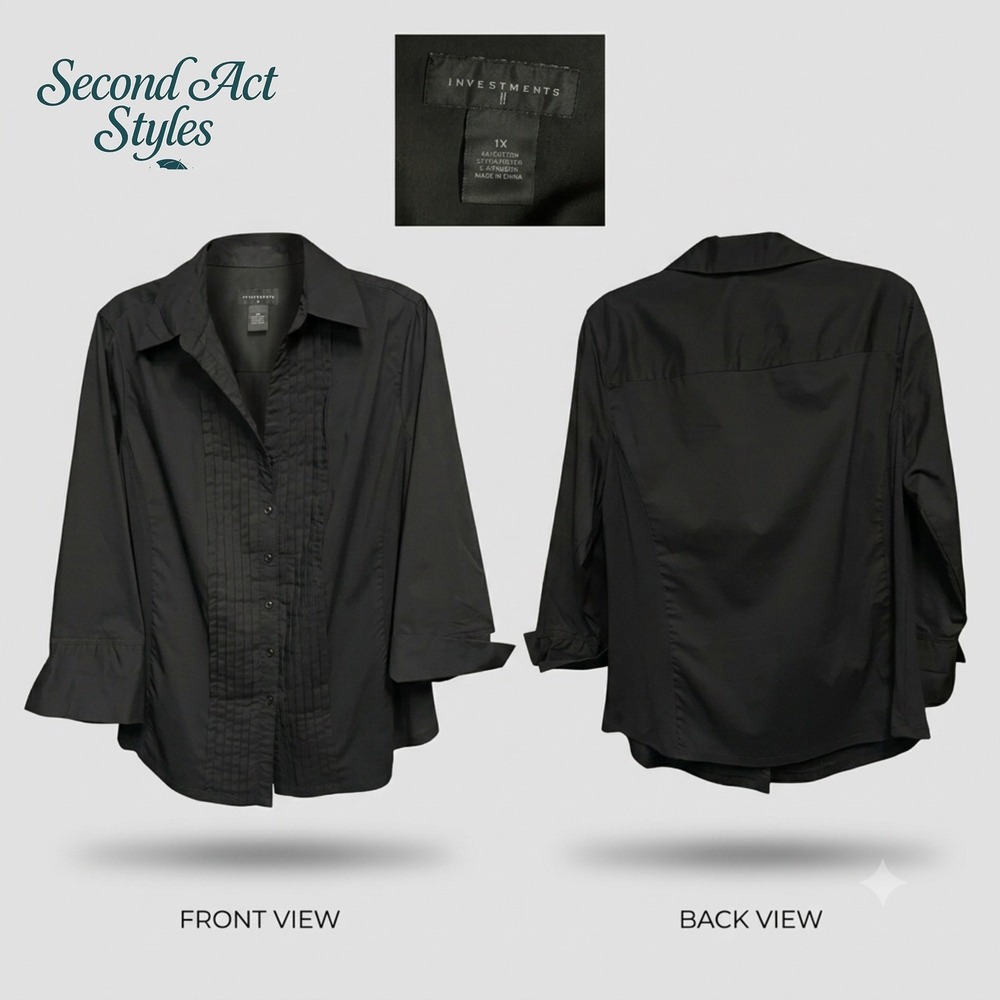 Investments Black Pintuck Button Down Shirt Women's 1X Stretch 3/4 Sleeve